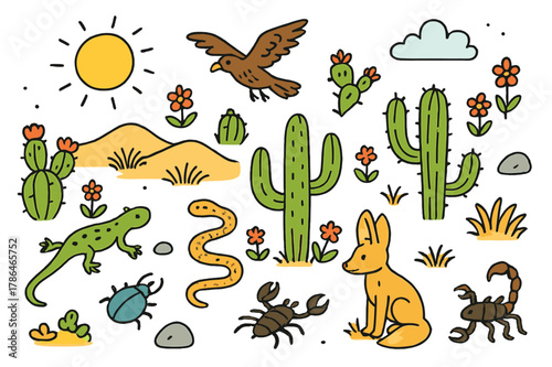 Desert Doodle Wonders. Desert ecosystem. Colorful Hand-drawn doodle Children illustration Desert ecosystem cactus, lizard, snake, hawk, sun, sand dune, small