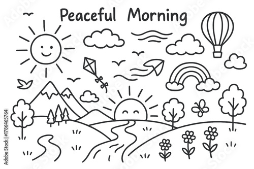 Peaceful Morning Doodle. Peaceful Morning. Hand-drawn doodle illustration Peaceful Morning sun rising, hills, trees, river, clouds, birds, flowers, path,