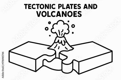 Tectonic Plates Coloring Page. Tectonic plates and volcanoes children?s coloring book illustration, outlined drawing, two simple puzzle-piece plates meeting