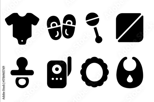 Baby Essentials Icons. Baby essentials. Filled icon set of baby essentials: baby clothes, baby shoes, rattle,