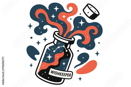 Nebula Wishkeeper Vial. Nebula in a Bottle. A glass vial floats, uncorked?colored mist pours out into starry curls; ?Wishkeeper? glows on a tiny label.