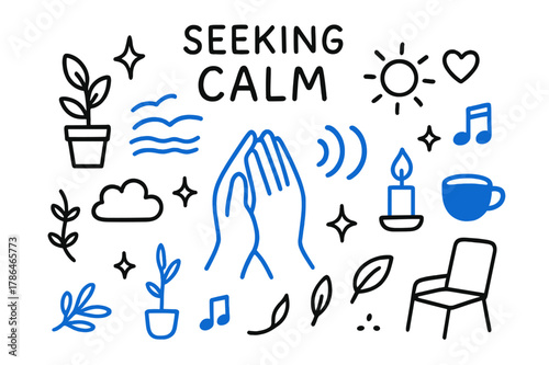 Calmness Symbols Illustrated. // Seeking calm. Hand-drawn doodle illustration Seeking calm [hands clasped (accented), deep breath lines (accented), plant,