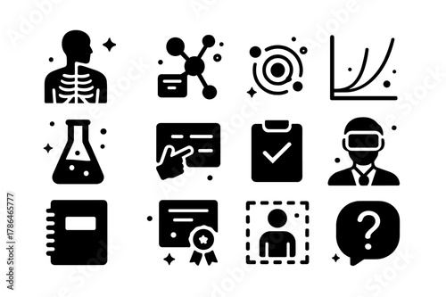 Augmented Reality Icons. augmented reality education and training. Solid icons set of augmented reality education and training: anatomy model, molecule, solar