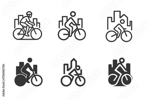 Urban Cycling Logos. Urban cycling. Set Logo of Urban cycling: city skyline behind rider. harmonious logo variations of the same emblematic concept, each with