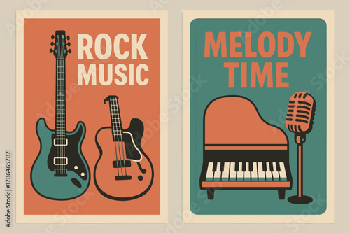 Retro Music Banners. RECENT. Two vertical A6 banners with safe margins, centered composition, no elements touching edges, retro, coral and teal,