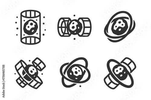 Asteroid Habitat Logos. The future of space habitats and long-term space travel. Set Logo of rotating asteroid habitat cylinder: Abstract geometric, Flat