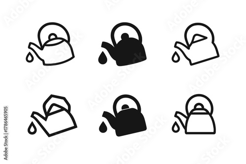 Tea Kettle Logos. tea kettle spout. Set Logo of tea kettle spout: droplet falling from spout. Icon set. harmonious logo variations of the same emblematic