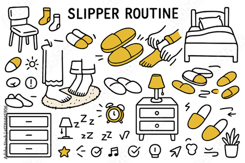 Cozy Slipper Moment. Slipper routine. Hand-drawn doodle illustration slippers (colored), feet (colored), hands (colored), socks (colored), chair (colored),