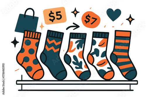 Colorful Sock Display. Socks. Display of patterned socks on store shelf with abstract floating price tags, icons, and sparkles; conveys shopping, fashion, and