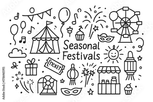 Seasonal Festival Icons. Seasonal Festivals. Hand-drawn doodle illustration of Seasonal Festivals and Fairs.