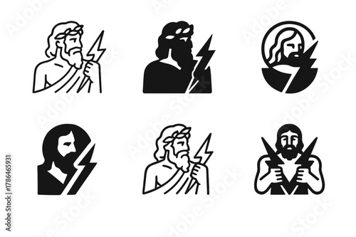 Ancient Deities Emblematic Logos. Ancient gods and goddesses in a mystical landscape. Set Logo of Ancient gods and goddesses in a mystical landscape: Zeus