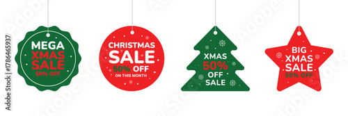Collection of four christmas sale tags with 50% off discount, isolated on white background