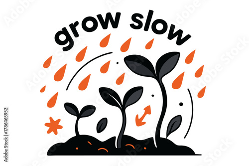 Sprouting Seedlings Symphony. Seeds ? Rain Nourish. Droplets fall across sprouting soil; arcs mark hydration lines. Caption ?grow slow? curves above seedlings.