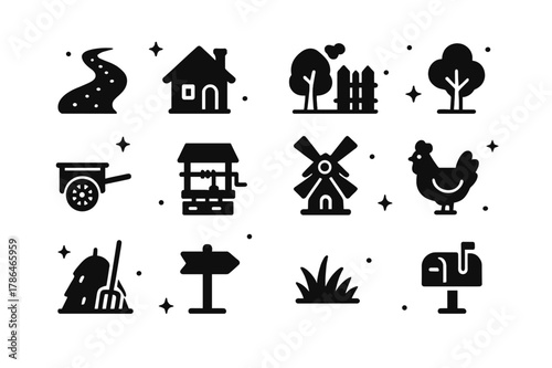 Village Road Icons. Village Road. Solid icons set of Village Road: dirt path, cottage house, fence, tree, cart, well, windmill, chicken, haystack, wooden sign,