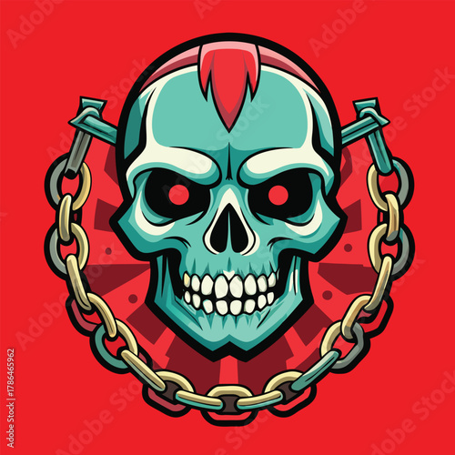 Stylized teal skull with red eyes and chains on a red background