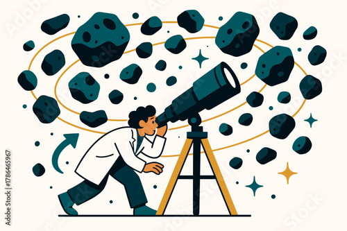 Asteroid Observation Art. Asteroid belt studies. Scientist observing asteroid belt through telescope with abstract floating asteroids, orbit lines, and