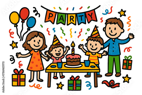 Joyful Family Celebration. family gathering. Colorful Hand-drawn doodle Children illustration family gathering father, mother, children, cake, balloons, gifts,