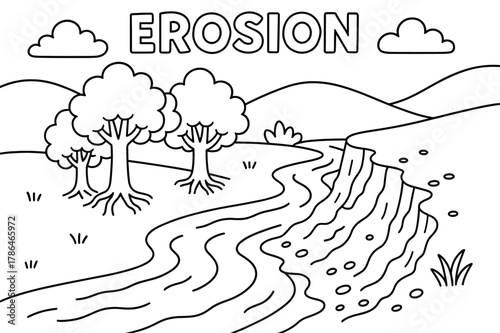 Riverbank Coloring Page. Erosion children?s coloring book illustration, outlined drawing, a picture of a river with trees holding the soil, educational design