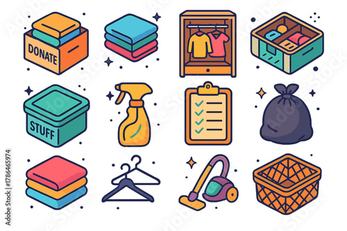 Decluttering Essentials Icons. Decluttering essentials. Colorful isometric vector icons set of Decluttering essentials: donation box, folded clothes stack,