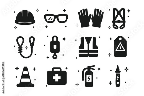 Essential Solar Safety Gear. Solar safety and PPE. Solid icons set of Solar safety and PPE: hard hat, safety glasses, work gloves, full-body harness, lanyard,