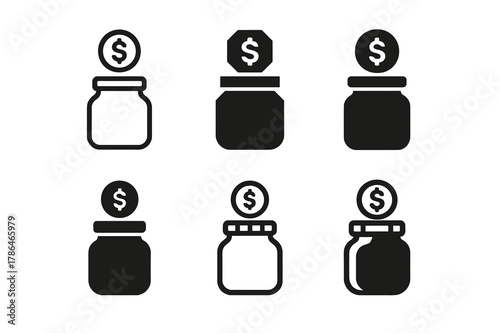 Financial Planning Icons. Financial planning basics. Icon set. Set Logo of Financial planning basics: emergency fund jar. harmonious logo variations of the