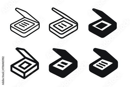 Document Scanner Icons. Using a document scanner. Set Logo of Document scanning: paper sheet being scanned. Icon set. harmonious logo variations of the same