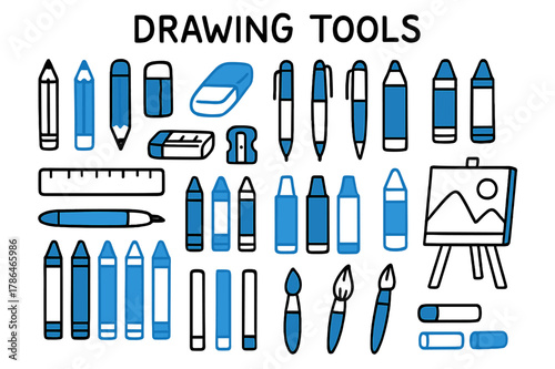 Colorful Drawing Tools. Drawing Tools. Hand-drawn doodle illustration Drawing Tools Pencils, colored Pencil, Eraser, colored Eraser, Sharpener, colored