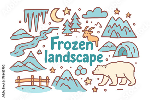 Frozen Wonderland Illustration. Frozen landscape. Hand-drawn doodle illustration of frozen landscape. Icicles,