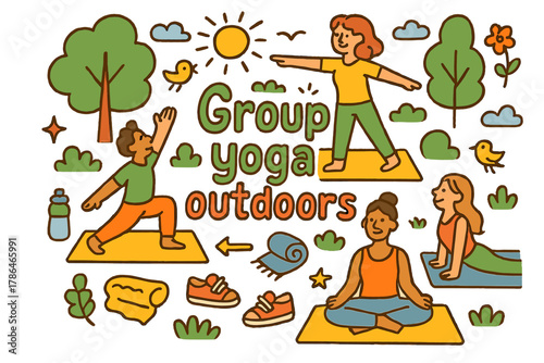 Park Yoga Gathering. Group yoga outdoors. Hand-drawn doodle illustration of group yoga outdoors. Yoga mats,