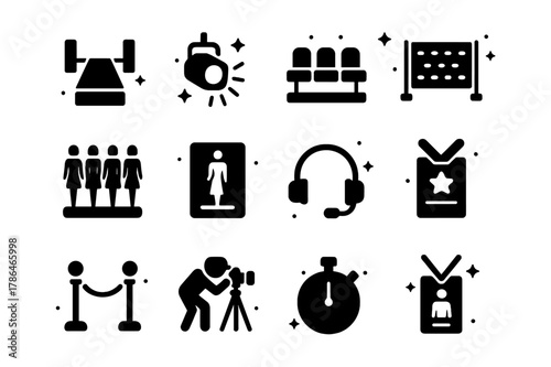 Fashion Show Icons. Runway and Catwalk. Solid icons set of Runway and Catwalk: runway platform, spotlight, front row seats, step and repeat, model lineup, look