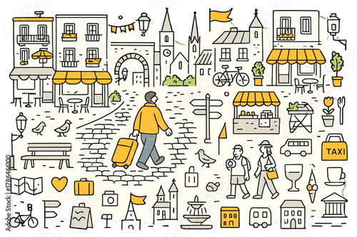 Vibrant European Street Scene. European streets. Hand-drawn doodle illustration person walking (colored), cobblestone street (colored), historic buildings