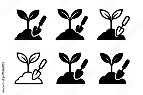 Sapling Logo Variations. Habitat restoration. Set Logo of Habitat restoration: sapling with trowel. harmonious logo variations of the same emblematic concept,