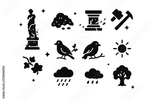 Timeworn Sculpture Icons. Timeworn Sculpture. Solid icons set of Timeworn Sculpture: statue, moss, cracks, pedestal, chisel, hammer, ivy, bird, sun, rain,