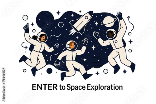 Astronauts in Space. ENTER to Space Exploration. Astronauts floating in zero gravity, planets and stars in the background, spaceship soaring through the