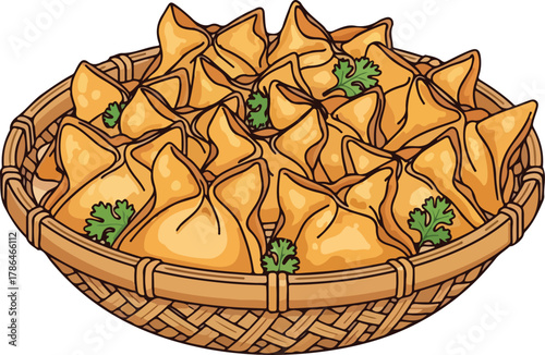 Delicious Cartoon Illustration of Golden Fried Samosas in a Woven Basket