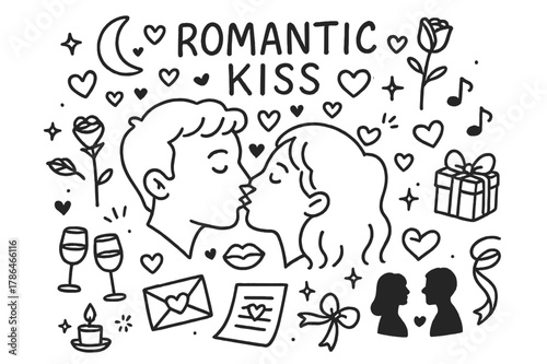 Romantic Kiss Doodle. Romantic Kiss. Hand-drawn doodle illustration of a couple sharing a passionate kiss in a
