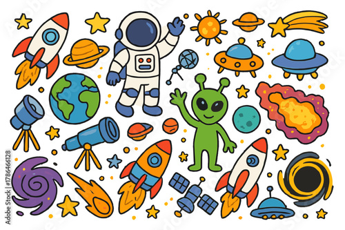 Cosmic Adventure Doodle. Space Exploration. Colorful Hand-drawn doodle Children illustration Space Exploration, planets, stars, rockets, astronauts, aliens,