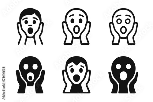 Frightened Face Logos. Frightened expression. Set Logo of Frightened expression: hands-on-cheeks gasp. harmonious logo variations of the same emblematic