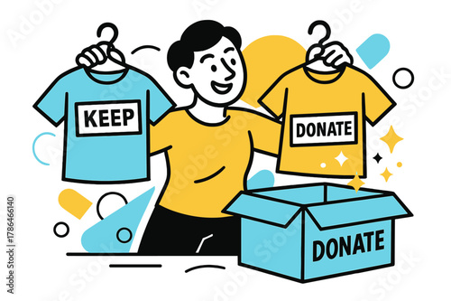 Closet Organizing Fun. Closet Declutter Moment. A smiling person holds two shirts?one marked ?Keep,? one ?Donate.? Light geometric sparkles float around the