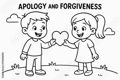 Friendly Heart Exchange. Apology and forgiveness children?s coloring book illustration, outlined drawing,