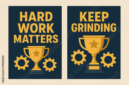 Motivational Work Banners. Hard work matters. Two vertical A6 banners with safe margins, centered composition, no elements touching edges, bold, navy and gold,