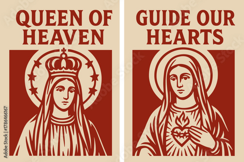 Queen of Heaven Banners. Queen of Heaven. Two vertical A6 banners with safe margins, centered composition, no elements touching edges, bold, red and beige,