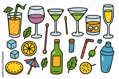 Colorful Mixology Icons. mixology. Colorful Hand-drawn doodle Children illustration mixology cocktail glass, wine glass, martini, whiskey glass, champagne