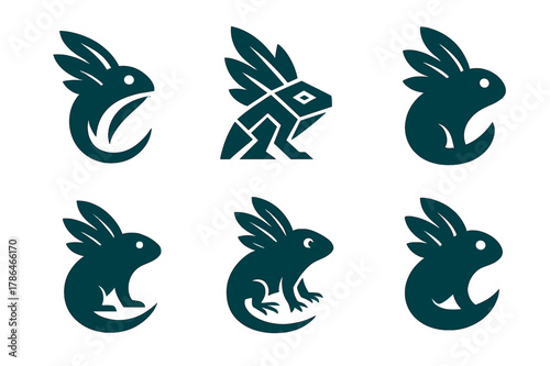 Tundra Lizard Logos. New species of animals post-climate change. Set Logo of new species of animals post-climate change: tundra lizard with feathers. Icon set.