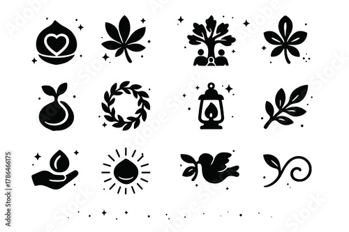 Chestnut Icon Grid. Chestnut Symbolism. Solid icons set of Chestnut Symbolism: heart nut, leaf crown, family tree, sprouting nut, circle wreath, lantern light,