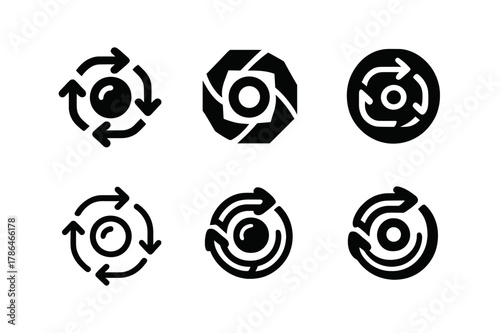 Creative Logo Variations. Reels and TikTok storyboard. Icon set. Set Logo of reels and TikTok storyboard: camera lens with motion arrows. harmonious logo