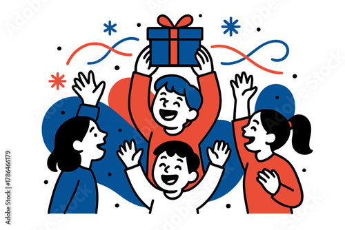 Joyful Gift Celebration. Joyful moments. A child holding up a gift while others cheer, floating snowflakes and