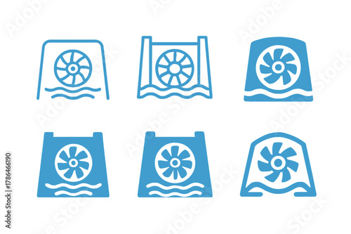 Sustainable Energy Logos. Sustainable energy startups. Icon set. Set Logo of Sustainable energy startups: hydroelectric water turbine. harmonious