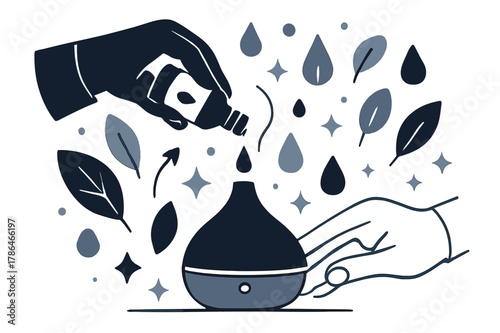 Aromatherapy and Mindfulness. Aromatherapy oils. Hands pouring essential oil into diffuser with abstract floating droplets, leaves, and sparkles; emphasizes