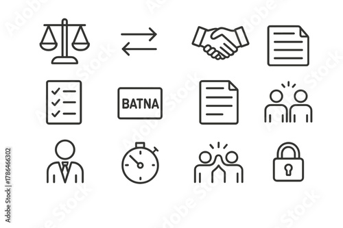 Negotiation Icons Set. Negotiation. Line icon set of Negotiation: scales, counteroffer arrows, handshake, concession list, BATNA card, terms sheet, mediator,